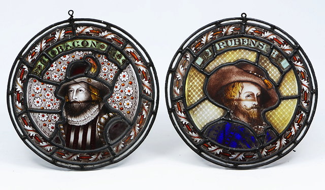 Appraisal: TWO TH CENTURY STAINED GLASS ROUNDELS depicting Francis Bacon and