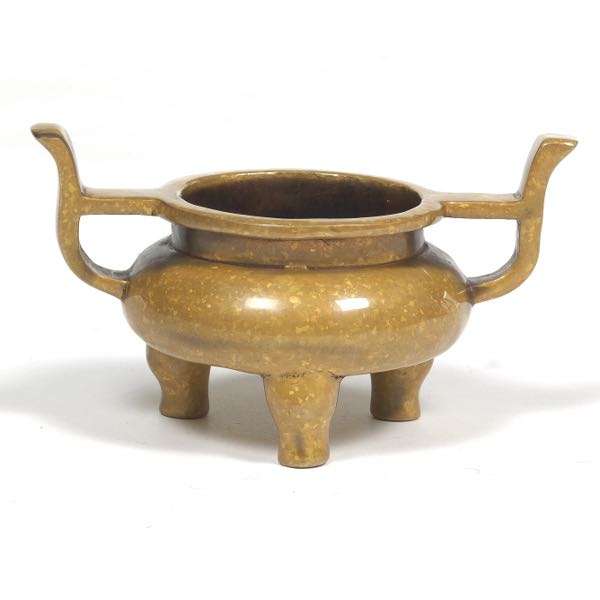 Appraisal: CHINESE ARCHAIC STYLE BRONZE WITH GOLD SPLASHES TRIPOD CENSOR APOCRYPHAL