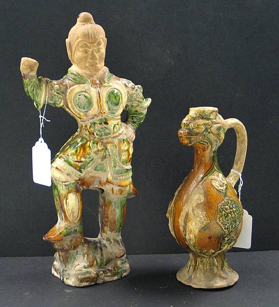 Appraisal: Two Tang style sancai glazed ceramics Including a standing figure