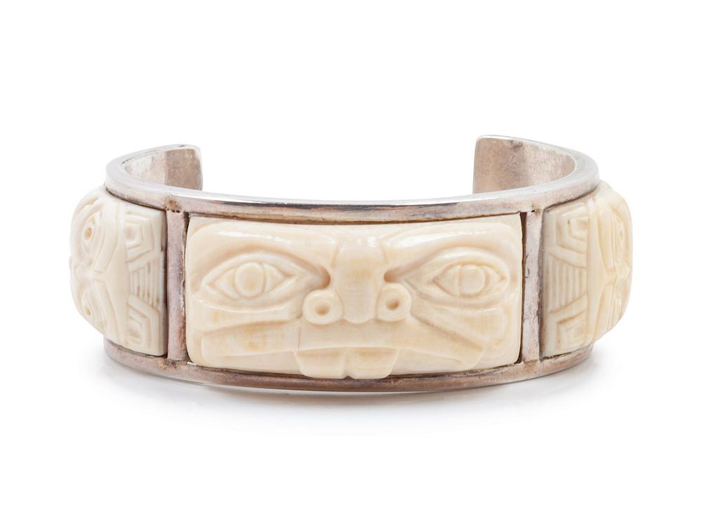 Appraisal: Northwest Coast Sterling Cuff with Carved Inlay length x opening