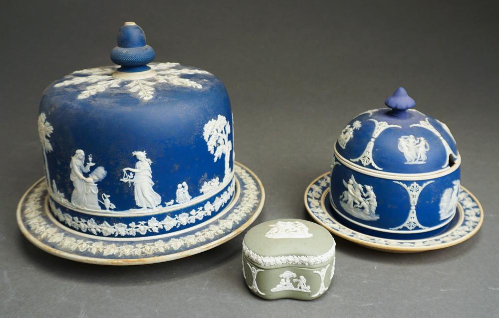 Appraisal: WEDGWOOD JASPERWARE SAUCE HONEYPOT TRINKET BOX AND AN ASSOCIATED CHEESE