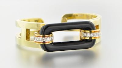 Appraisal: Italian Gold Onyx and Diamond Cuff Bracelet k yellow gold