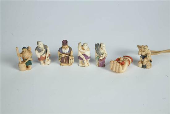 Appraisal: SEVEN NETSUKES Japan th century ivory Polychrome male figures to