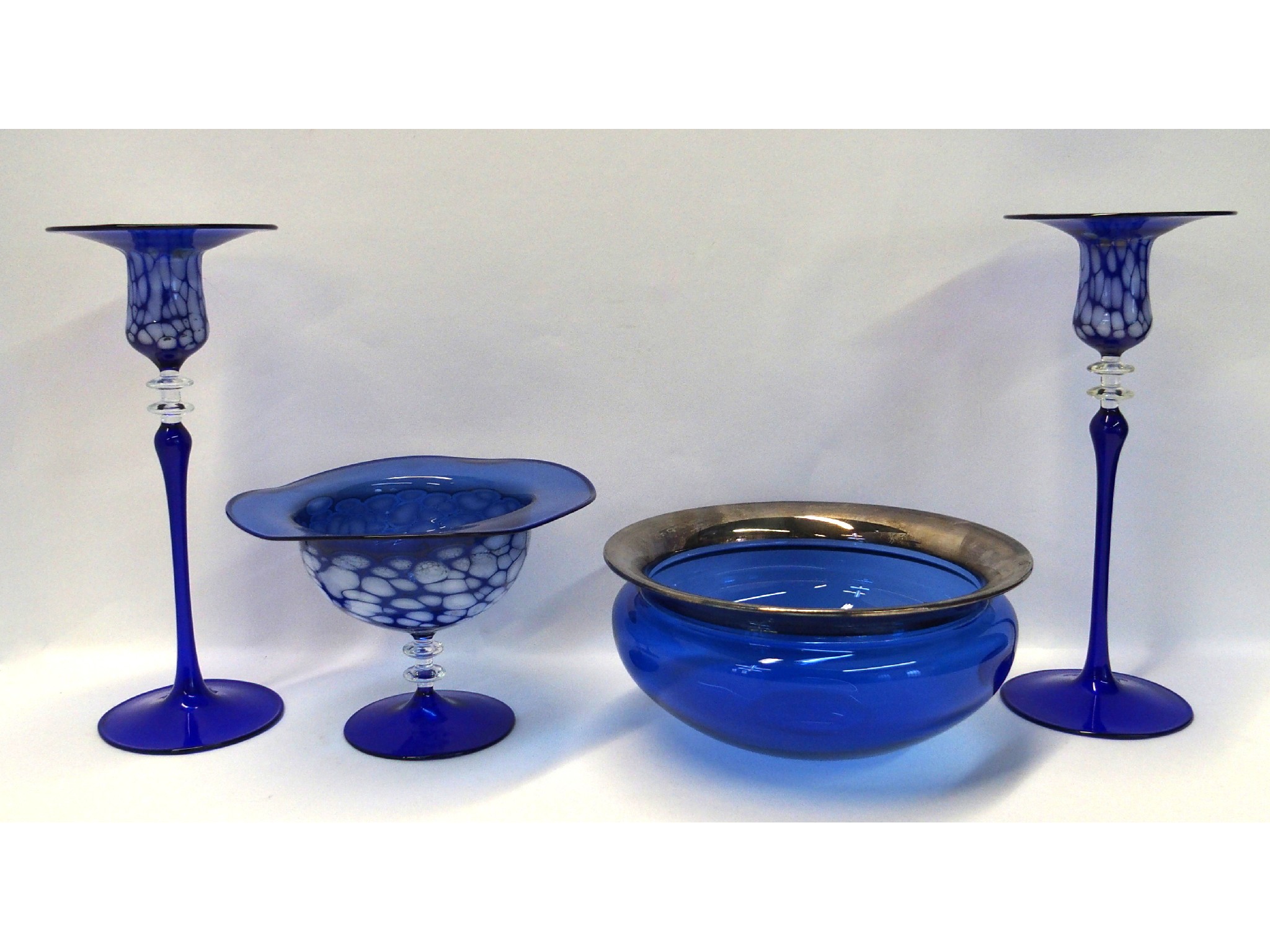 Appraisal: Royal Copenhagen blue glass dish with silvered rim and three