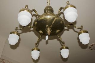 Appraisal: Massive Brass Glass Shade Light Chandelier Variable Chain Height x