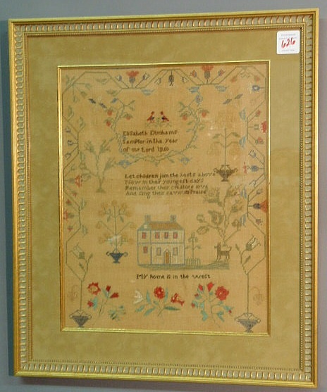 Appraisal: Silk on linen sampler wrought by Elizabeth Dunhams x