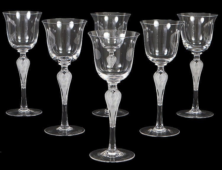 Appraisal: SET OF SIX COLORLESS GLASS WHITE WINESEach bell-shaped bowl with