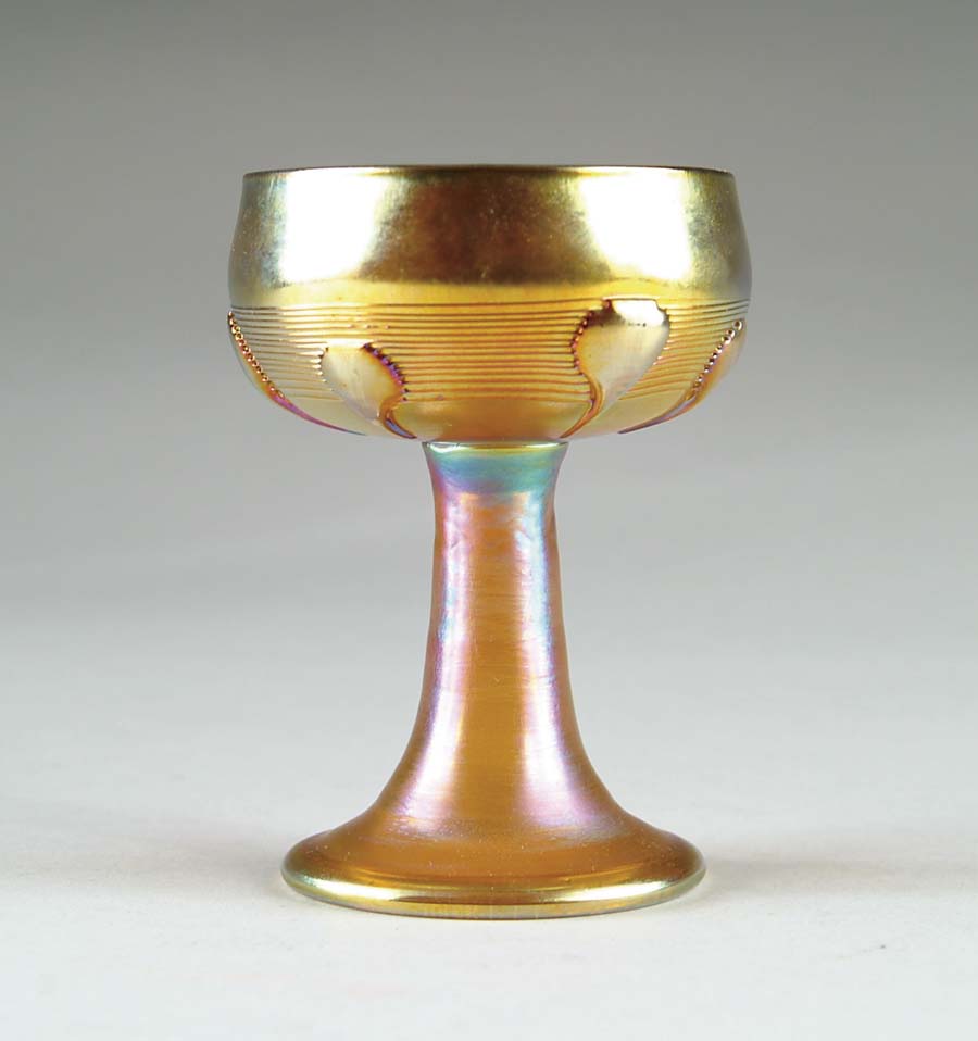 Appraisal: TIFFANY DECORATED CHALICE Highly unusual chalice of gold Favrile glass