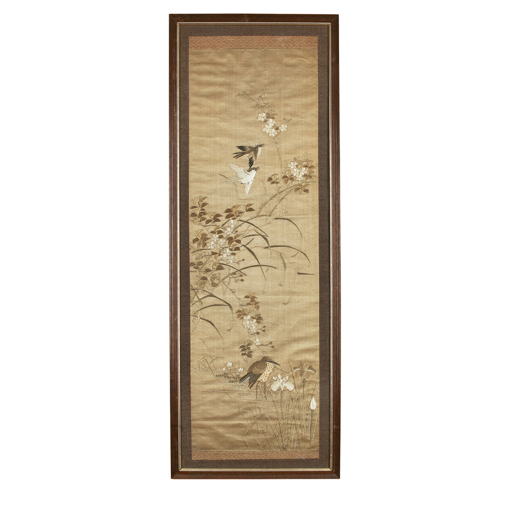 Appraisal: EMBROIDERED SILK PANEL MEIJI PERIOD embroidered on a beige ground