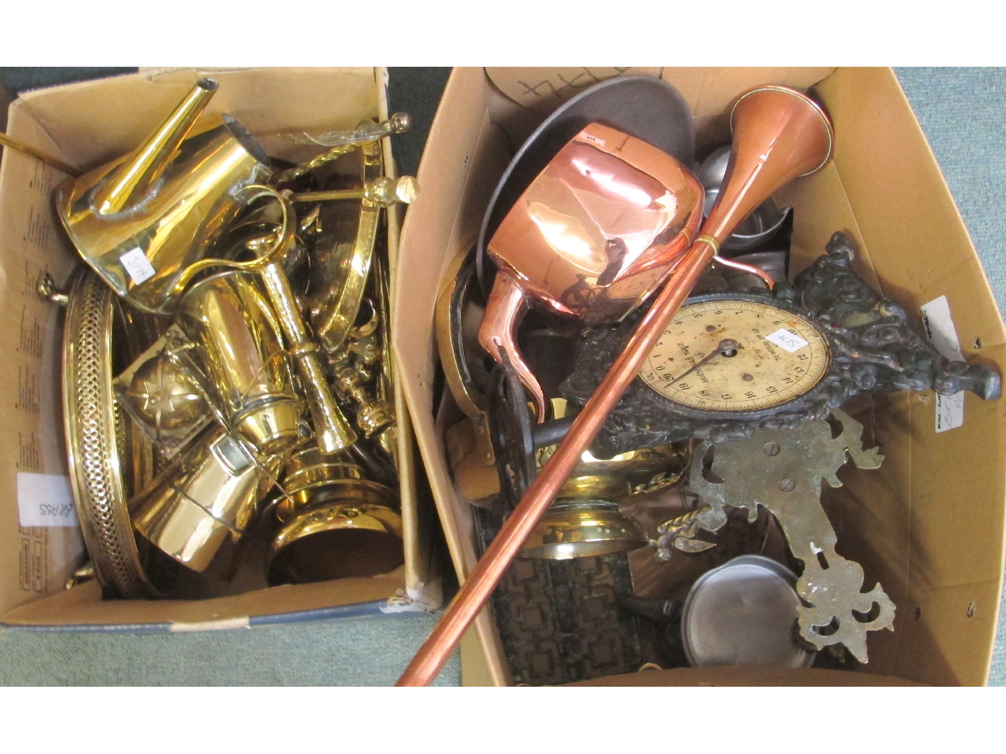 Appraisal: Two boxes of brassware copperware and scales