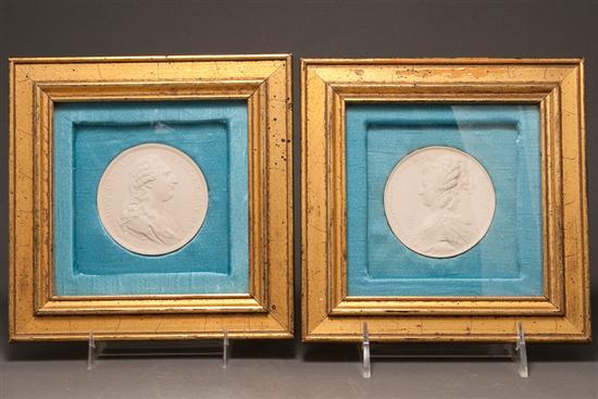 Appraisal: Pair of French painted plaster portrait medallions of King Louis