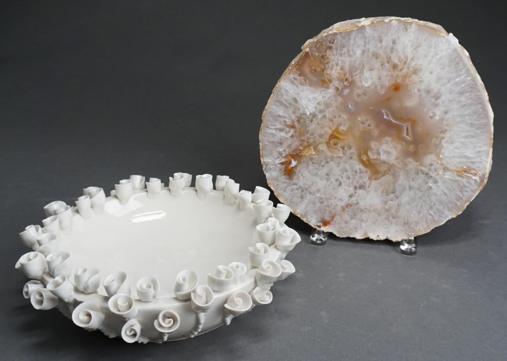 Appraisal: WHITE PORCELAIN FLORAL CENTERPIECE BOWL WITH GEODE STAND H OVERALL