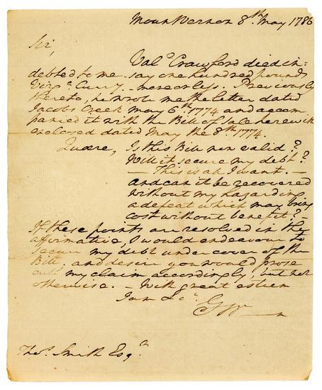 Appraisal: WASHINGTON George - Autograph letter signed with initials to lawyer