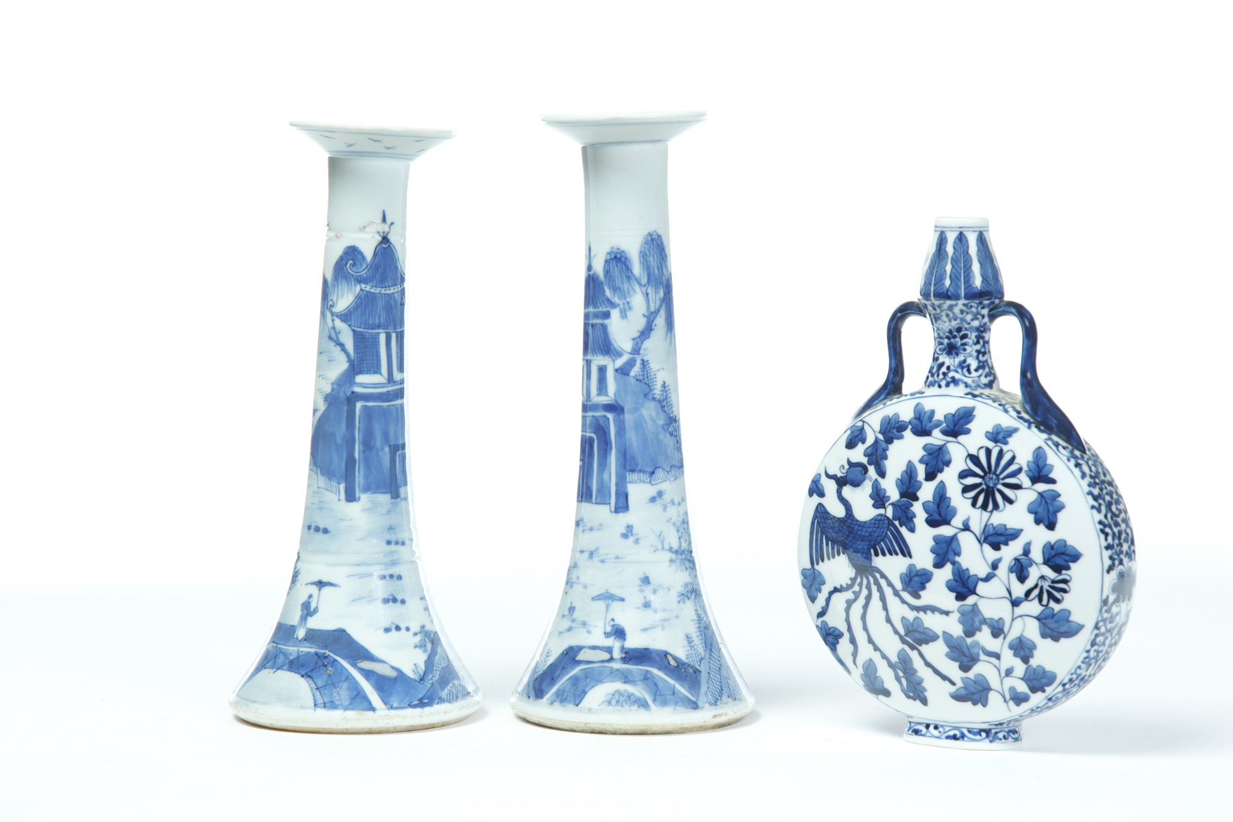 Appraisal: TWO CHINESE CANDLESTICKS AND A VASE Nineteenth- th century Pair