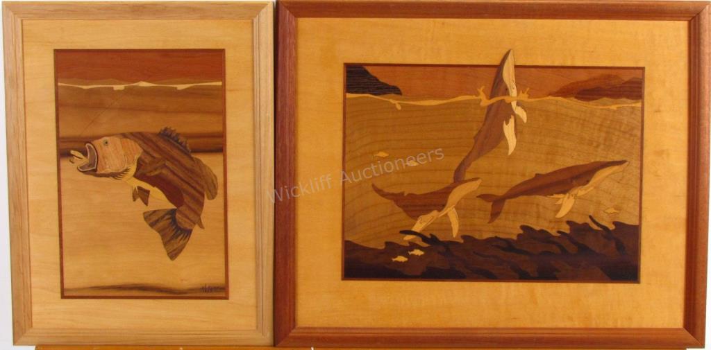 Appraisal: Two framed marquetry-inlaid wall hangings by Hudson River Inlay both