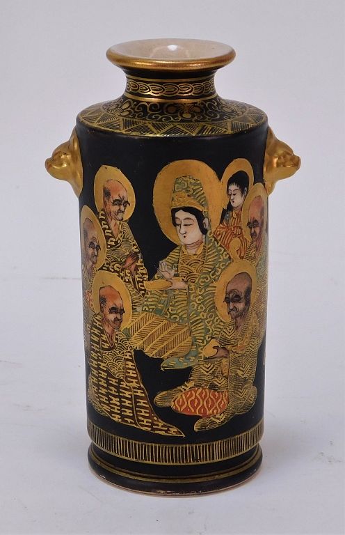 Appraisal: Japanese Meiji Gilt Black Satsuma Diminutive Vase Japan Meiji Period