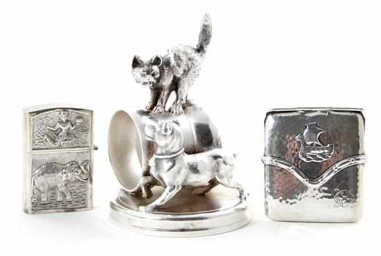 Appraisal: Meriden figural silverplate napkin ring and sterling vestas cat and