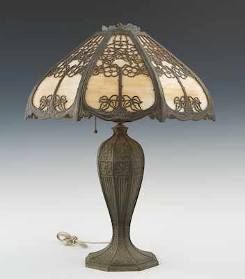 Appraisal: A Peach Color Slag Glass Lamp with Tree Motif Two