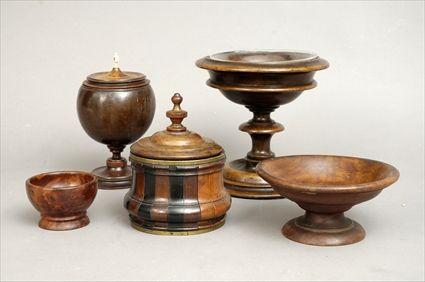 Appraisal: Five Treenware Articles Including bowls stands covered box and jar