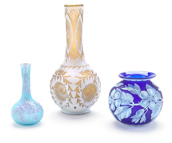 Appraisal: Two English blue and white cameo glass vases and another