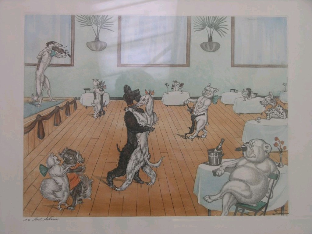 Appraisal: A coloured etching comical ballroom scene with dogs indistinctly signed