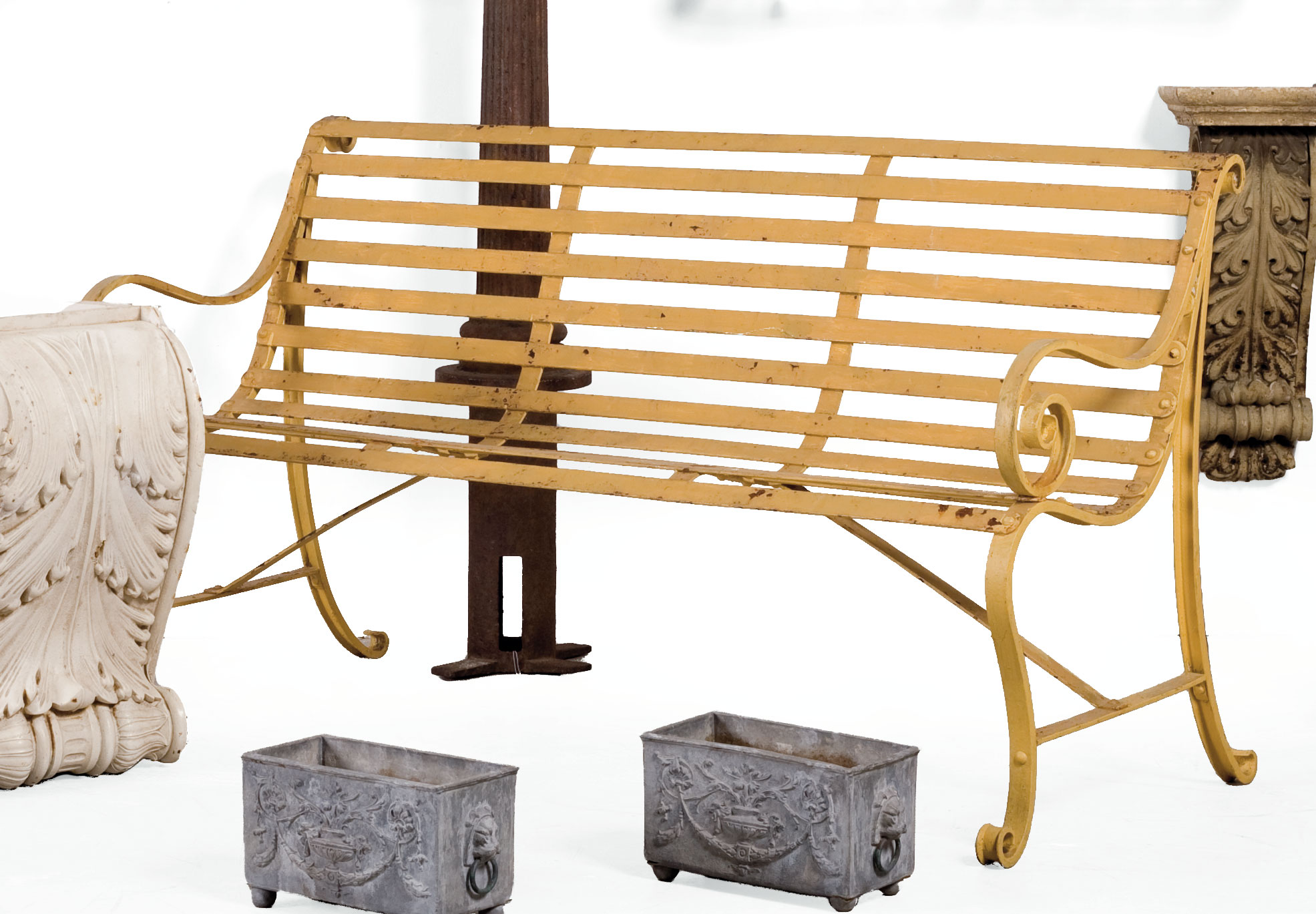 Appraisal: WROUGHT-IRON YELLOW-PAINTED STRAP DESIGN GARDEN BENCH Length inches