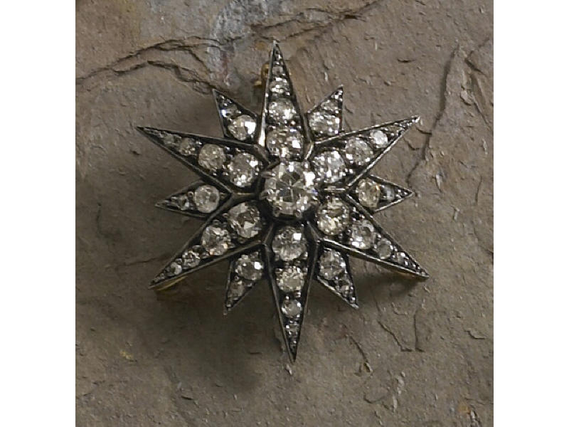 Appraisal: VICTORIAN DIAMOND PENDANT BROOCH Silver over gold in starburst design