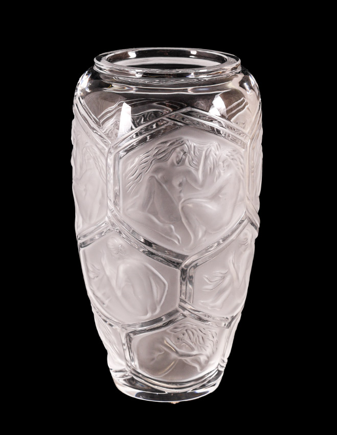 Appraisal: LALIQUE CLEAR AND FROSTED NUDE WOMEN VASE Clear glass with