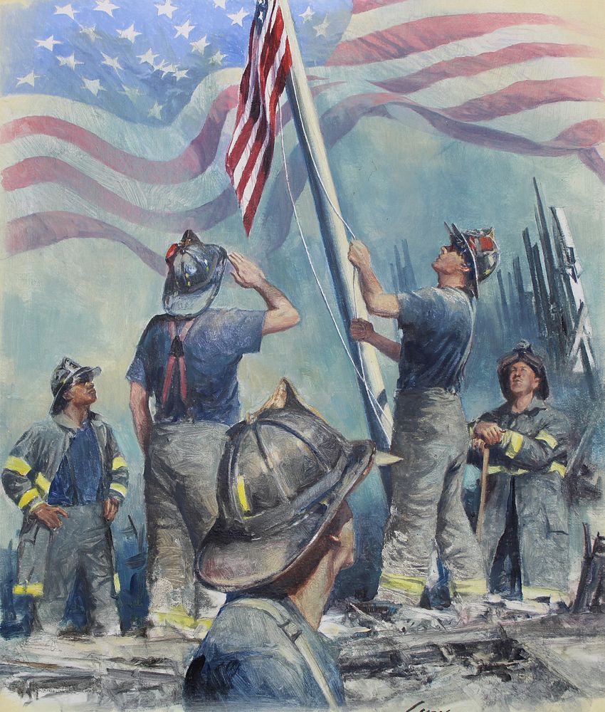 Appraisal: Dennis Lyall B Firemen Raising Flag Dennis Lyall American B