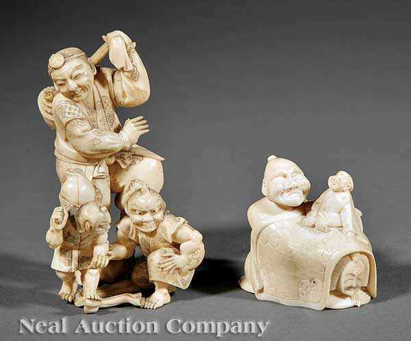 Appraisal: A Japanese Carved Ivory Erotica Okimono the upper portion modeled