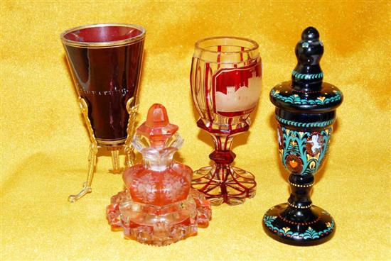 Appraisal: FOUR ANTIQUE DRESSER ARTICLES cobalt glass and enameled cranberry cut