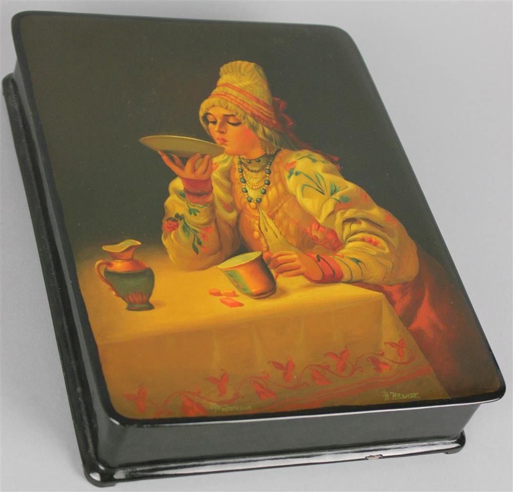 Appraisal: FEDOSKINO LARGE RUSSIAN LACQUER BOX THE TEA DRINKING the papier-mache