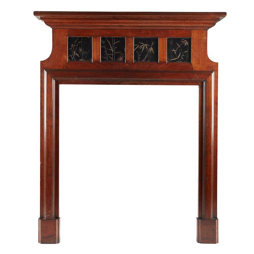 Appraisal: ENGLISH AESTHETIC MOVEMENT FIRE SURROUND CIRCA mahogany inset with four