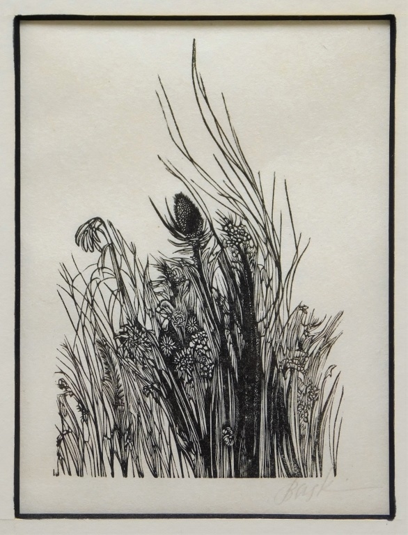 Appraisal: LEONARD BASKIN MODERN BOTANICAL ETCHING Massachusetts - Depicts flowers surrounded