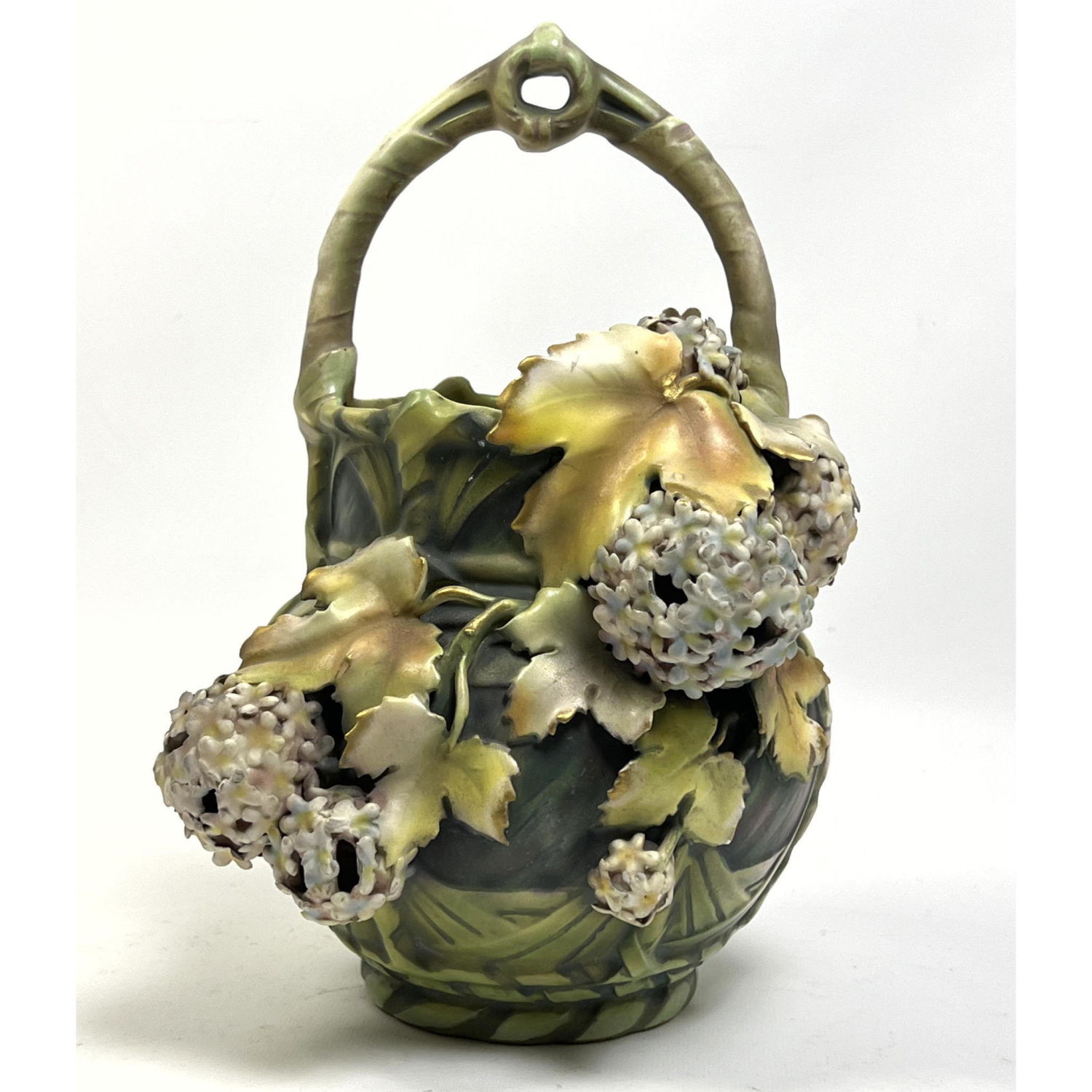 Appraisal: ROBERT HANKE Austrian Art Pottery Basket Vase D Applied Flowers