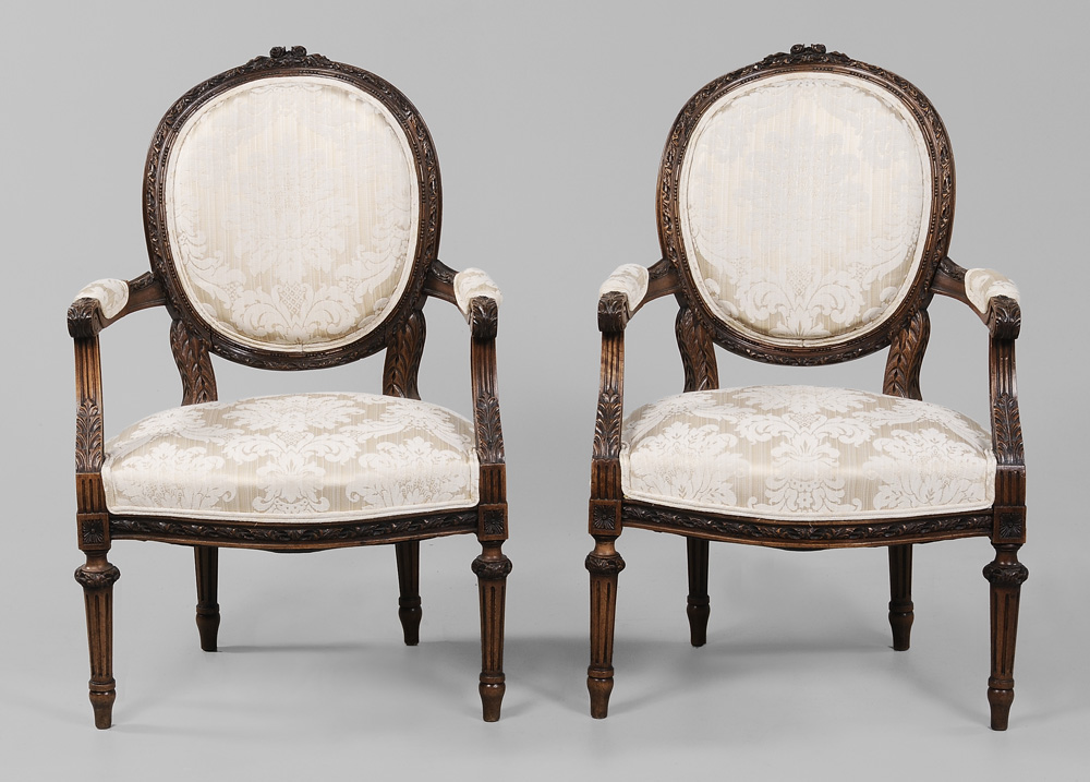 Appraisal: Pair Louis XVI Style Damask- Upholstered Fauteuil French late th