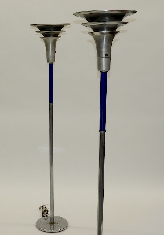 Appraisal: PR MCM Chrome Cobalt Glass Art Deco Floor Lamps United