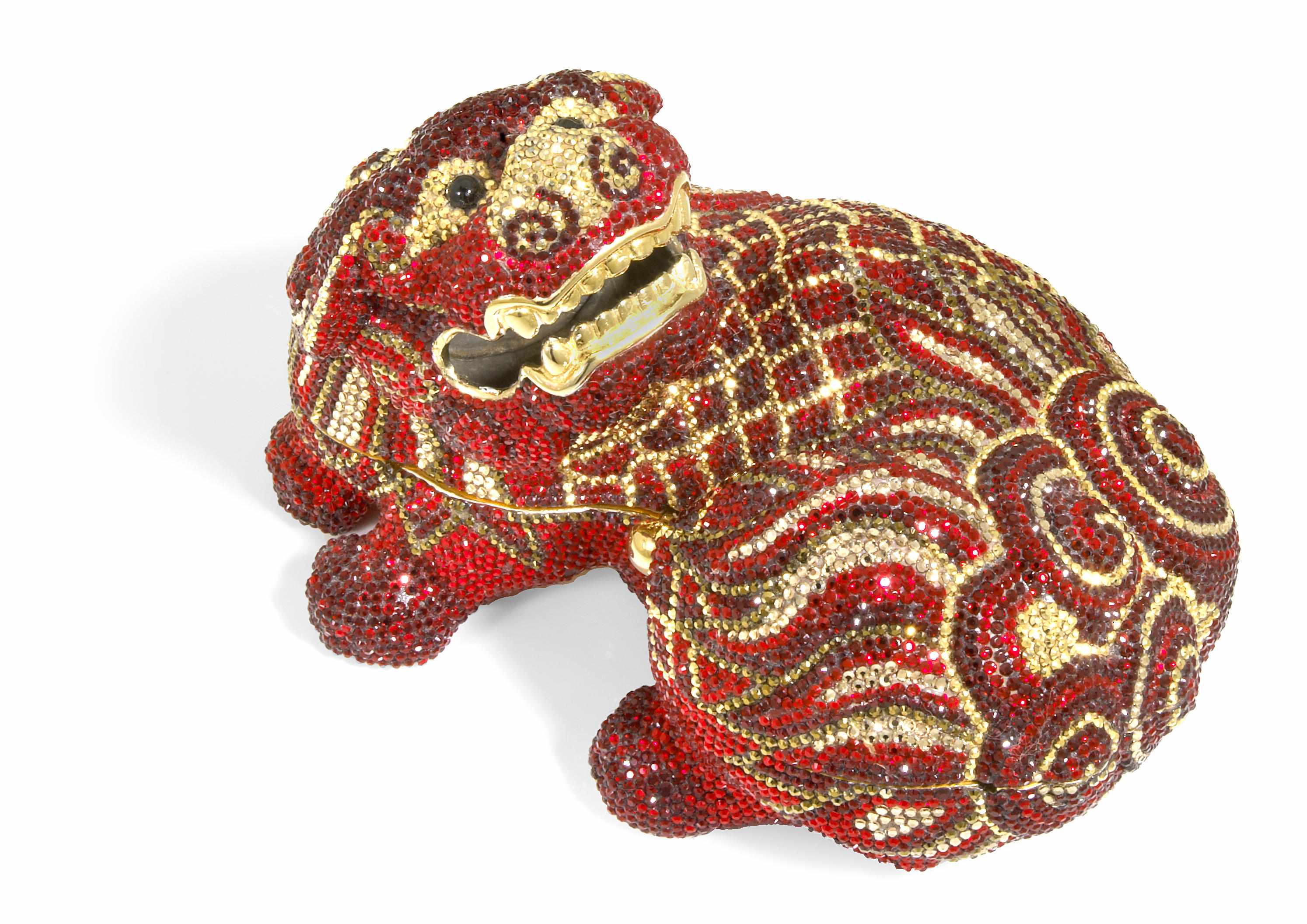 Appraisal: A red and gold crystal Foo Dog Ming minaudiere Judith