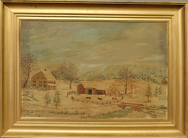 Appraisal: - Oil on canvas painting of a winter farm landscape