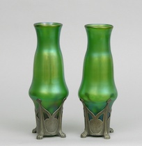 Appraisal: A Pair Of Green Glass Vases With Pewter Bases A