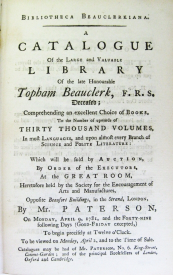 Appraisal: BEAUCLERK TOPHAM Bibliotheca Beauclerkiana A Catalogue of the Large and