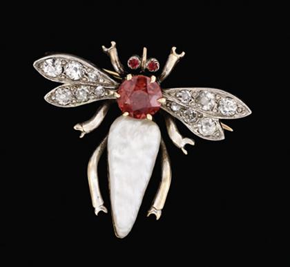 Appraisal: White gold diamond and pearl bee brooch georgian Bee brooch