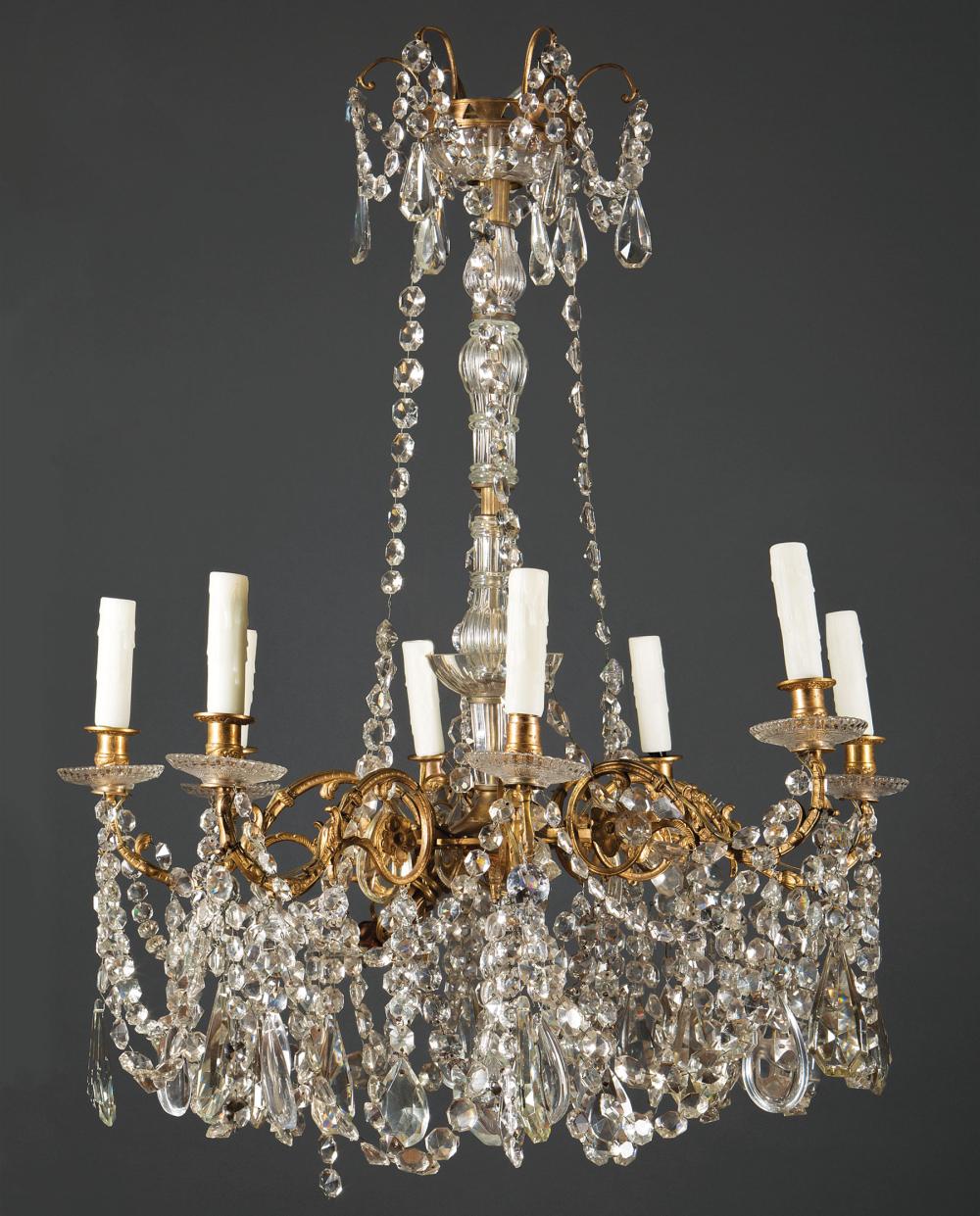 Appraisal: Antique Baccarat-Style Bronze and Crystal Eight-Light Chandelier vasiform standard scrolled