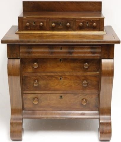 Appraisal: TH C MINIATURE AMERICAN EMPIRE MAHOGANY SCROLLFRONT CHEST DRAWERS ON