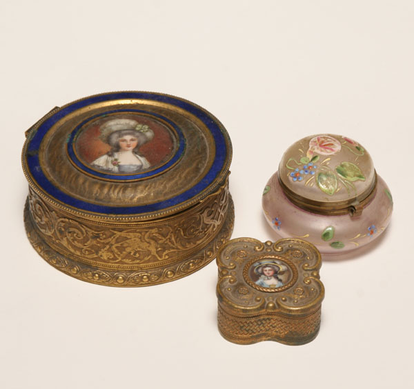 Appraisal: Two early metal boxes and one glass jar one embossed