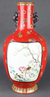 Appraisal: Chinese Red Porcelain Vase Chinese enameled porcelain vase with a