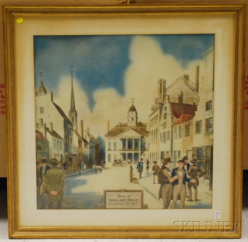 Appraisal: Framed Hand-colored Print View of Wall and Broad Streets in