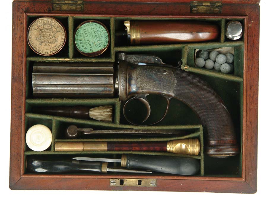 Appraisal: CASED CLARE PEPPERBOX NSN cal - ribbed bbls Marked Thos