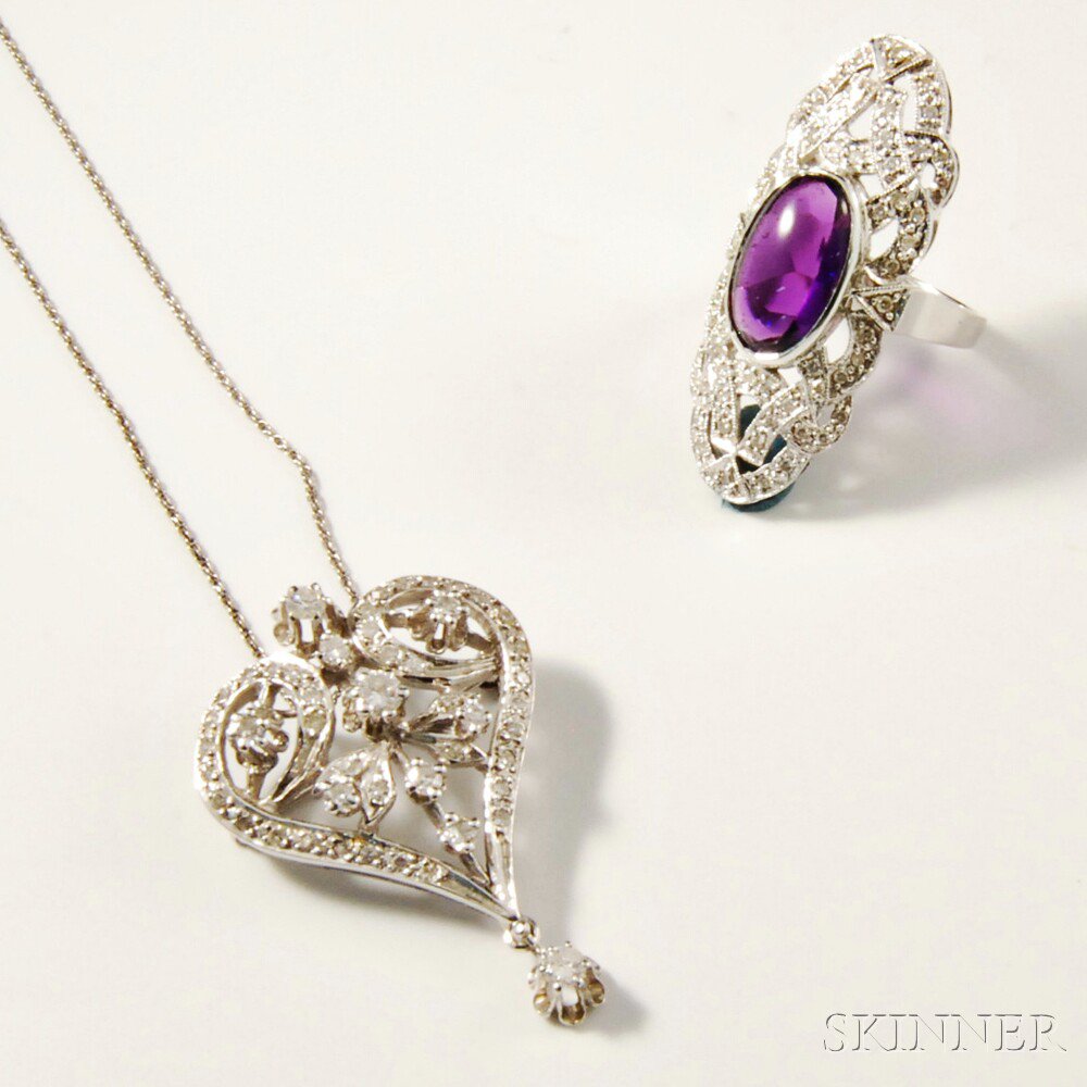 Appraisal: kt White Gold and Diamond Pendant and Ring the heart-form