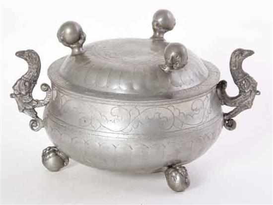 Appraisal: Continental pewter covered footed bowl probably th century unusual form